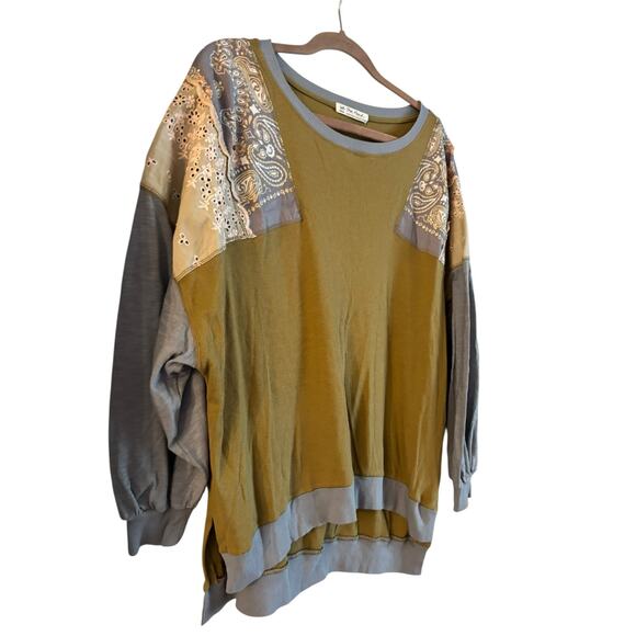 FREE PEOPLE Feelin it Colorblock Army Combo T-Shirt Size Medium Green Lace - Picture 4 of 7